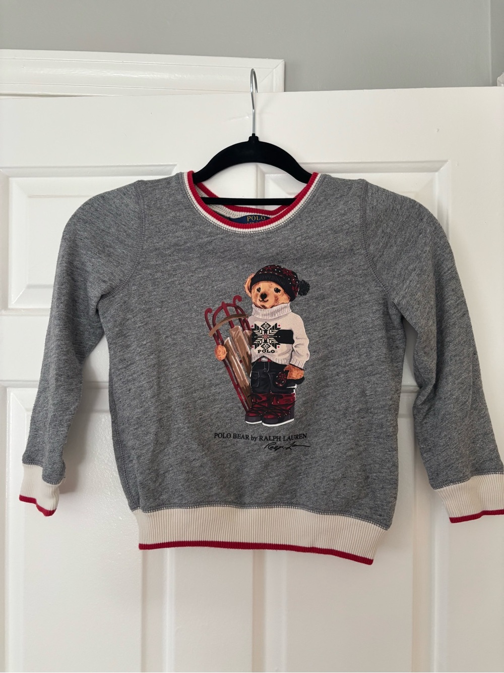 Polo by Ralph Lauren Grey Kids Polo Bear Sweatshirt w/ Red Trim - 6X - Like New